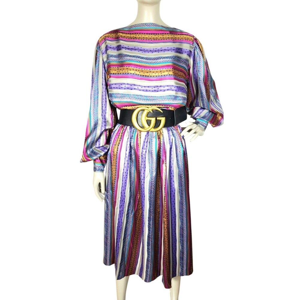 VTG 70s Evan Picone Silky Satin Mixed Media Puff Bishop Sleeve Blouse Skirt Set